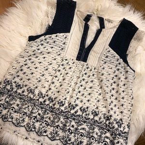Lucky Brand Blouse Keyhole Tassels Eyelet Summer